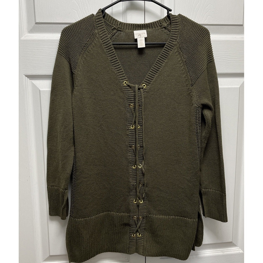 Chico's Olive Green Knit Sweater Lace Up Front Women Size 0 V-Neck Long Sleeve